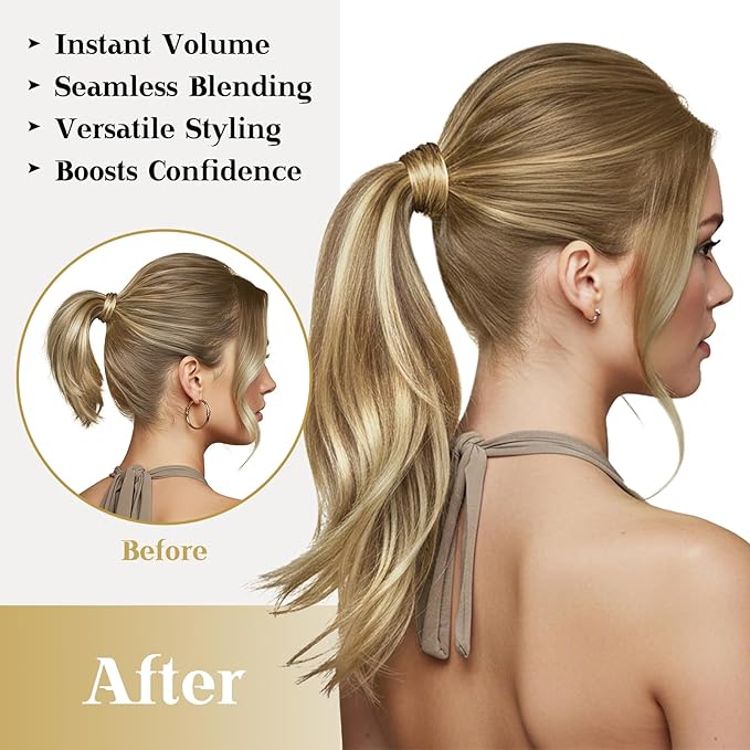 Ve Sunny Hair Extensions Ponytail Real Human Hair Wrap Around Clip in Ponytail Hair Extensions Straight Extensions Human Hair for Women Chestnut Brown Ombre Platinum Blonde Balayage 20inch 80G