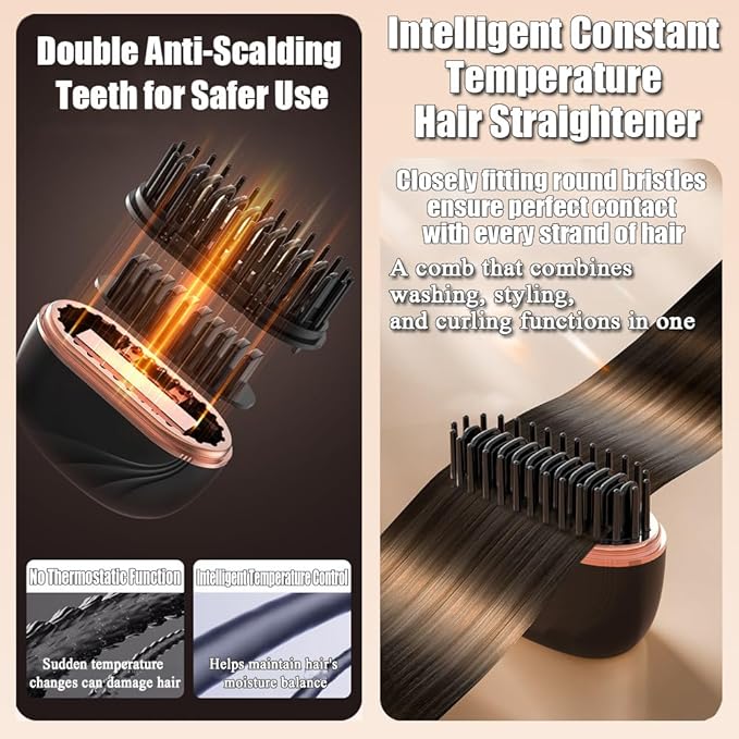 Mini Straightener Brush, Rechargeable Cordless Hair Straightener with 3-Temp Settings & Anti-Scald Shell, Fast Heating 30s Portable Hot Comb for Travel, Frizz Control for All Hair Types(Black)