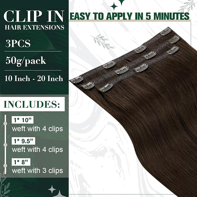 RUNATURE Brown Clip in Hair Extensions, Real Hair Extensions Clip Ins, Double Weft Human Hair Clip in Extensions, Remy Natural Hair for Women, Tangle-free Hair, 14 Inch 50g 3pcs #2 Dark Brown