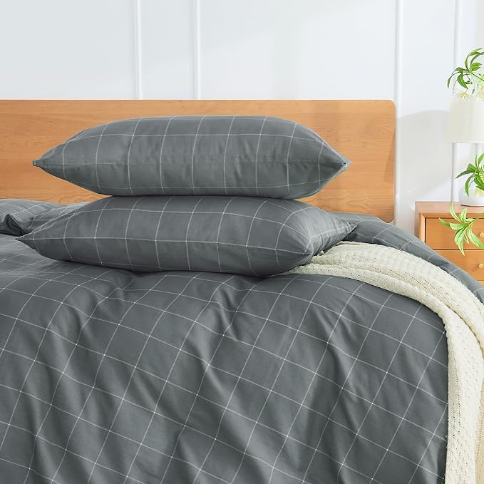 JELLYMONI 100% Natural Cotton Plaid King Pillowcases Set, 2 Pack Dark Gray with White Grid Geometric Pattern Printed Pillow Covers with Envelope Closure(Pillows are not Included)