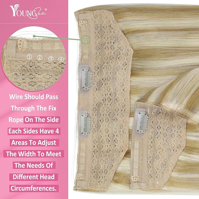 YoungSee Wire Hair Extensions Balayage Wire Human Hair Extensions Balayage Medium Brown Mix Caramel Blonde Fish Line Extension for Women 12 Inch 70g