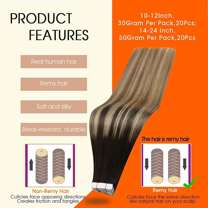 Full Shine Human Hair Tape in Extensions Color 2 Darkest Brown Ombre 8 Ash Brown Highlight with 27 Blonde Double Sided Tape in Hair Extensions 22Inch Long Seamless Skin Weft 50G 20Pcs