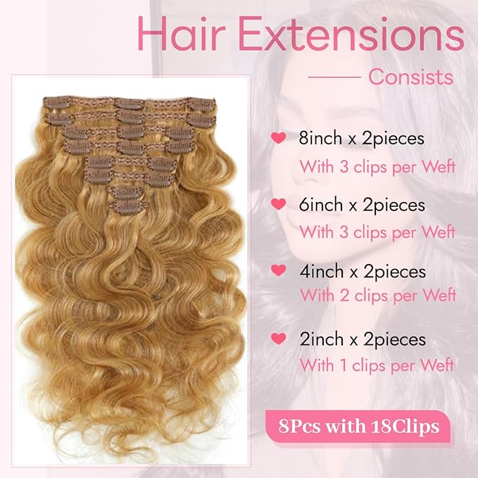 Clip in Hair Extensions Real Human Hair Body Wave 27 Honey Blonde Clip in 100% Brazilian Remy Human Hair Extensions 8pcs Per Set with 18 Clips Double Weft 16 Inch 90g/3.6oz
