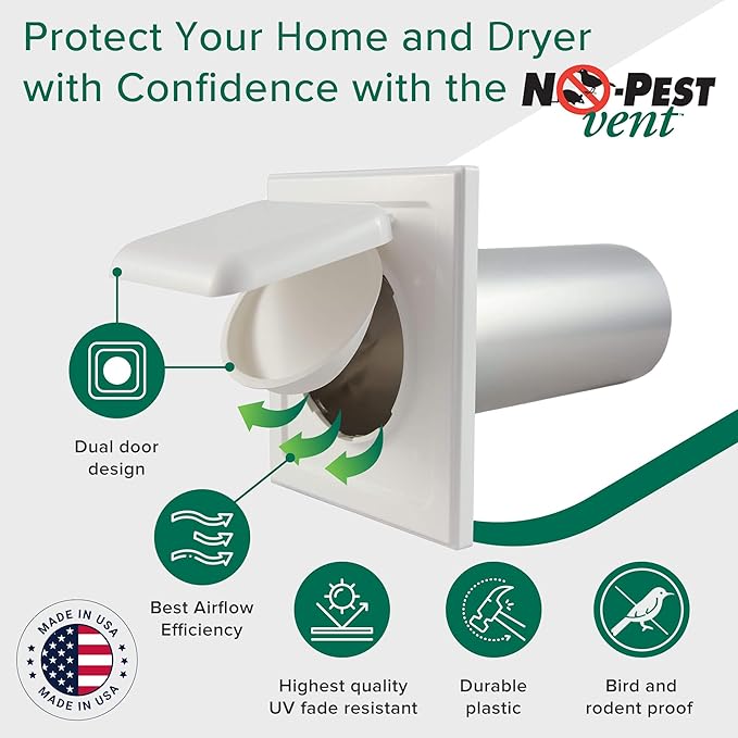 NO-PEST VENT, Exclusive Dual Door Dryer Vent Cover Outdoor 4 inch, Made in USA w Highest UV Resistant Plastic in any Outdoor Vent Cover, No Lint Collecting Screen (White, 4” Metal Vent With Duct Tube)