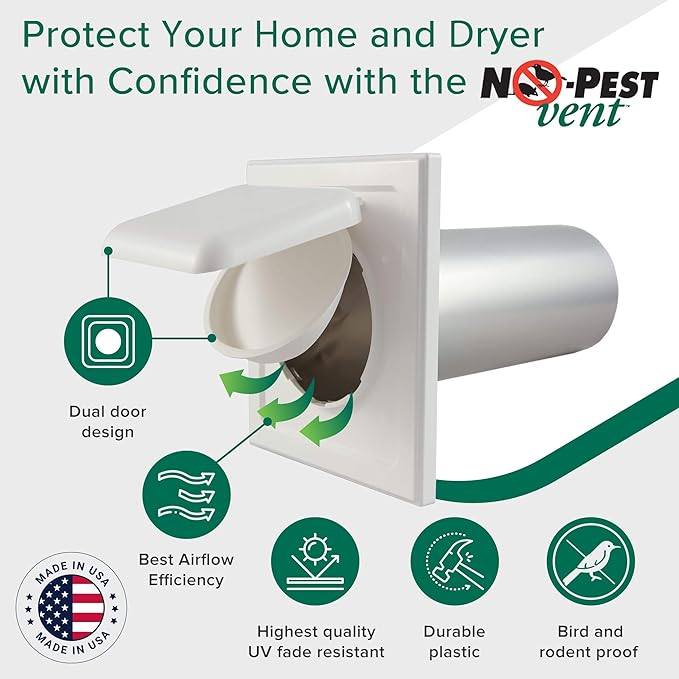 NO-PEST VENT, Exclusive Dual Door Dryer Vent Cover Outdoor 4 inch, Made in USA w Highest UV Resistant Plastic in any Outdoor Vent Cover, No Lint Collecting Screen (Brown, 4” Metal Vent With Duct Tube)