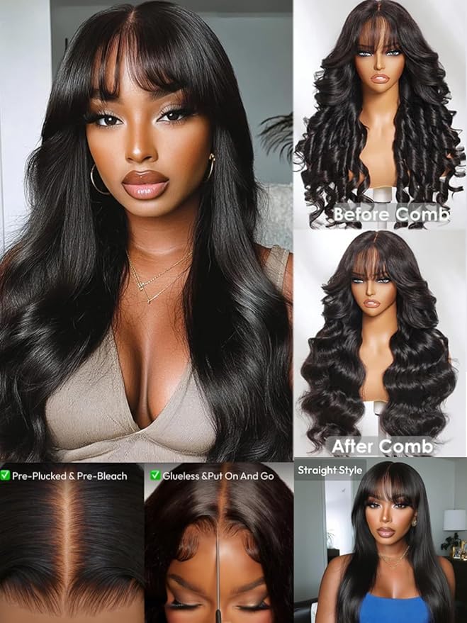 KLAIYI Pre Everything Glueless 13x4 Lace Front Wigs Human Hair Loose Body Wave Bye Bye Knots Pre Cut Lace Pre Bleached Pre Plucked 30S Ready to Wear And Go Frontal Wig with Natural Curtain Bang 24Inch