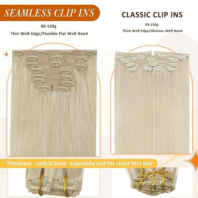 Full Shine Platinum Blonde Human Hair Clip in Extensions Platinum Blonde Clip in Hair Extensions Invisible Seamless Clip ins for Women 18 Inch 8 PCS 120 Grams