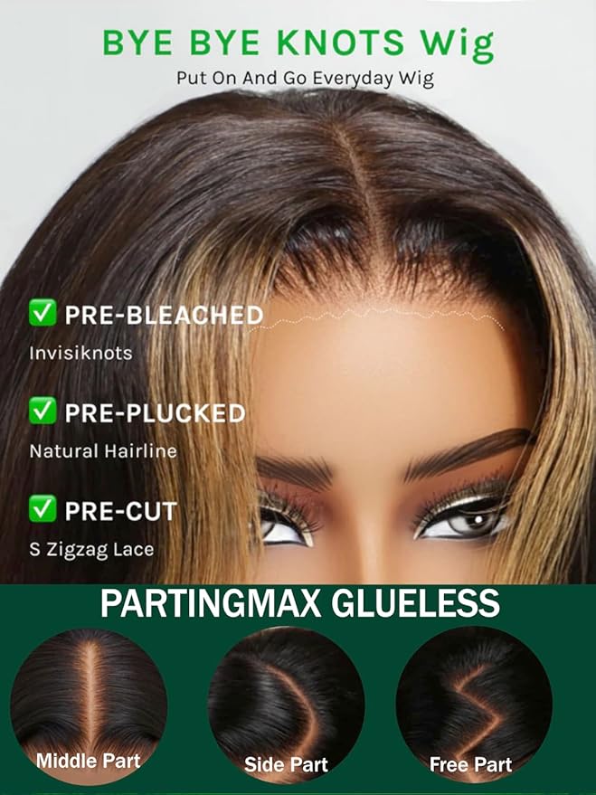 KLAIYI Ombre Highlight Blonde Loose Body Wave Bye Bye Knots Glueless Wigs Human Hair 7x5 Precut Lace Front Pre Plucked Bleached Ready to Wear Go Wig with Face Framing Curtain Bang Caramel Brown 22Inch