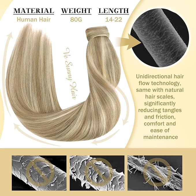 Ve Sunny Hair Extensions Ponytail Real Human Hair Wrap Around Clip in Ponytail Hair Extensions Straight Extensions Human Hair for Women Dark Golden Blonde Highlights 18inch 80G