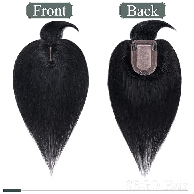 SEGO Hair Toppers for Women Real Human Hair with Thinning, with Front Bangs Clip in Toppers Straight 150% Density Silk Base -18 Inch #1 Jet Black