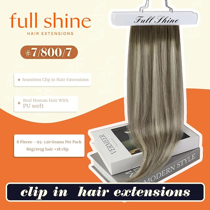 Full Shine Short Hair Extension Clip ins Brown Ombre Hair Clip in Extensions with PU Weft Ash Brown Balayage Blonde Remy Hair for Women 12 Inch 8 PCS 95 G