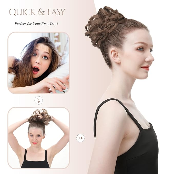 FESHFEN Messy Bun Hair Piece - Elastic Wavy Curly Hair Bun Scrunchies Extensions Synthetic Chignon Hairpieces for Women Girls, Black Cherry 1.5 oz