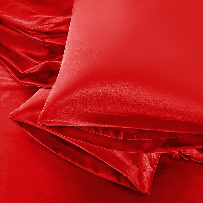 Aormenzy Satin Pillow Cases for Women Standard Size Set of 2, Red Satin Pillowcase for Hair with Envelope Closure Silky Pillow Covers Wrinkle, Fade Resistant (20x26 Inches)