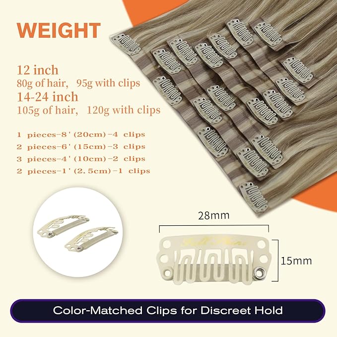 Full Shine 12 Inch Clip in Hair Extensions Real Human Hair Dark Ash Blonde Mix with Light Blonde Seamless Hair Extensions Clip in for Short Hair 8 PCS 95 G