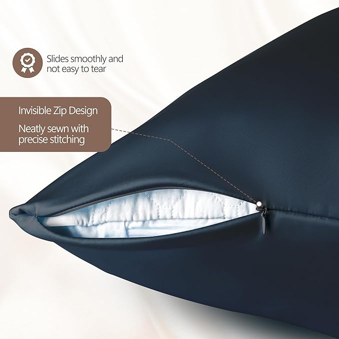 Set of 2 100% Mulberry Silk Pillow Cases - 6A Luxury Silk Pillowcase for Hair and Skin – Anti-Wrinkle, Cooling & Smooth, Hidden Zipper – Pillowcases for Sleeping Women Girl, Boy (Navy, Standard)
