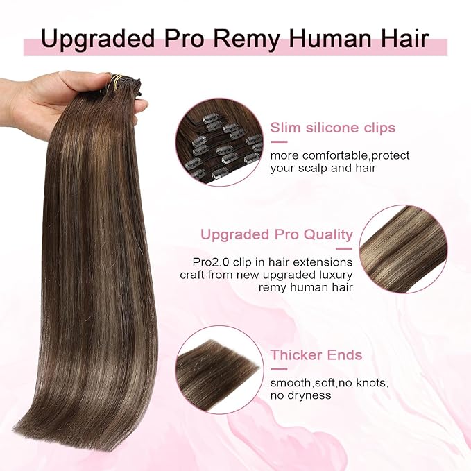 Pro2.0 Remy Clip in Extensions Real Human Hair Color #4/27/4 Chocolate Brown to Caramel Blonde Remy Clip in Hair Extensions Real Human Hair 18inch 120g Thick 7pcs Double Weft（#4/27/4-18inch）