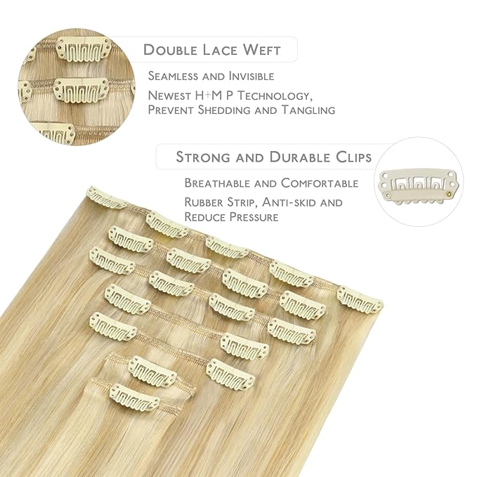 WENNALIFE Clip in Human Hair Extensions, 20 Inch 120g 7pcs Light Blonde Highlighted Golden Blonde Hair Extensions Clip In Human Hair Remy Real Human Hair Double Weft