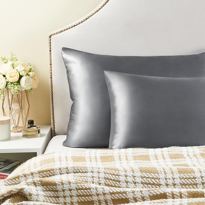 BEDELITE Satin Pillowcase with Zipper, Dark Grey Pillow Cases Queen Size Set of 2, Super Soft and Cooling Similar to Silk Pillow Cases, Gift for Women Men(20x30 Inches)