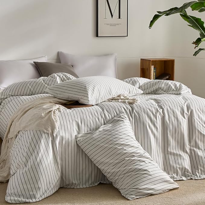 JELLYMONI 100% Natural Cotton Striped King Pillowcases Set, 2 Pack White with Thin Gray Vertical Stripes Pattern Printed Pillow Covers with Envelope Closure (Pillows are not Included)