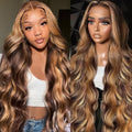 4/27 Honey Blonde Ombre Lace Front Wig Human Hair 13x6 HD Highlight Body Wave Lace Frontal Wigs Glueless Wigs Pre Plucked with Baby Hair 180 Density 24Inch