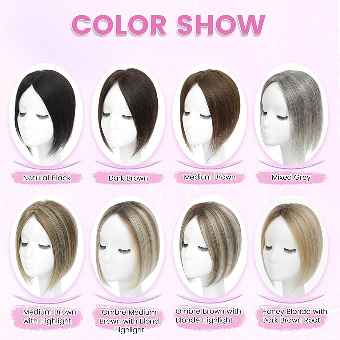 YAMI Hair Toppers for Women Fluffy Human Hair Topper 10inch Handmade Swiss Base Hairpieces 360° Cover Hairloss (Medium Brown with Highlight)