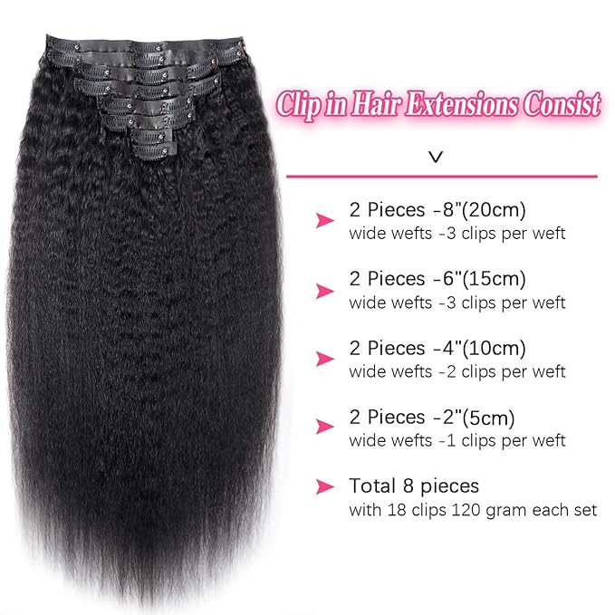 Seamless Kinky Straight Clip In Hair Extensions Invisible PU Weft Kinky Straight Clip Ins Human Hair Extensions 8pcs with 18Clips Per Set 120g(22inch,Natural Black)