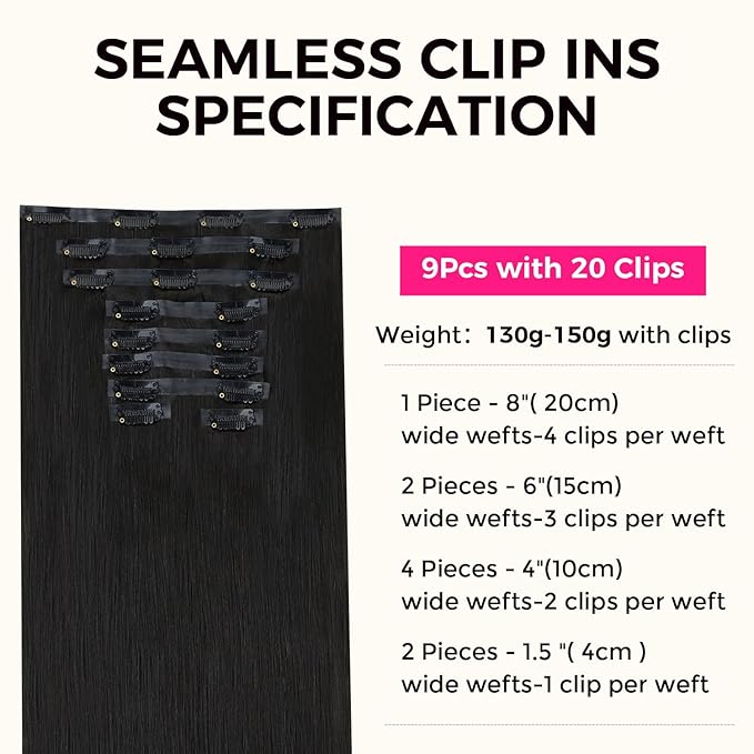 Lashey Seamless Clip in Hair Extensions Human Hair 130g 18 Inch 9pcs #1 Jet Black Light Yaki Straight Full Pack Clip in Hair Extensions for Women