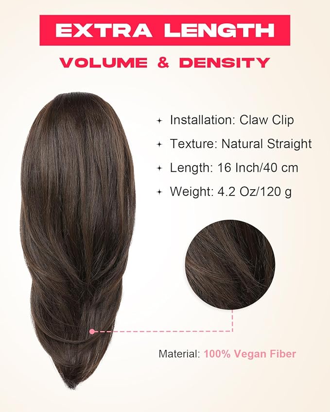 Ponytail Extension – 16” Claw Clip in Ponytail Hair Extensions Natural Soft Synthetic High Pony Tail Hairpieces for Women (Chocolate Brown, 16 inch)
