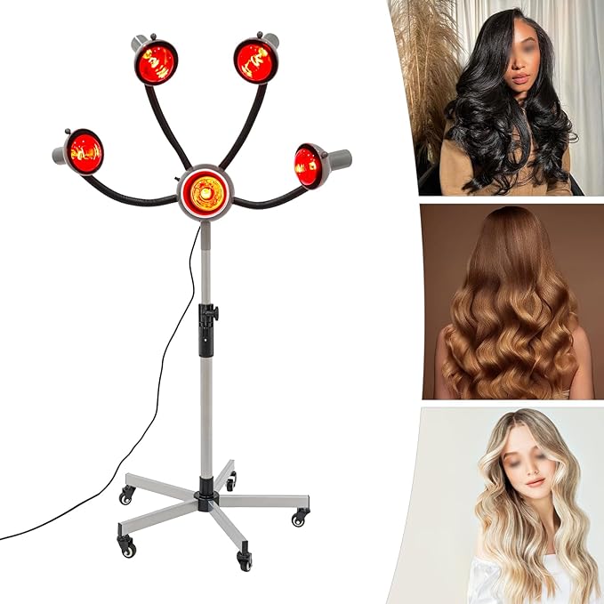 5 Head Infrared Light Heat Therapy Red Lamp, Salon Hair Steamer Perming Dyeing Adjustable Height Machine with Rolling Wheels, Infrared Dryer Hair Drying Care, Standing Infrared Heater