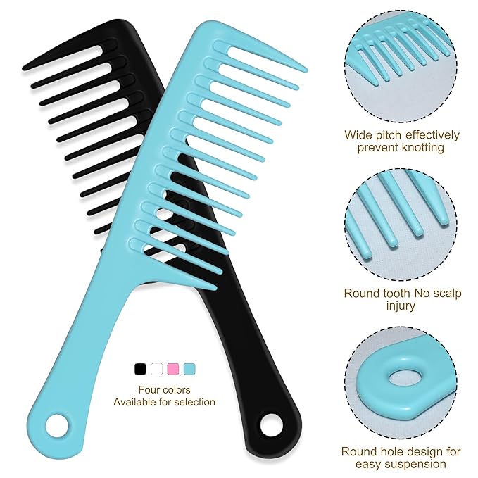 MODENGKONGJIAN 4PCS Wide Tooth Comb, Large Hair Detangling Comb Styling Comb for Curly, Wet, Long Hair (Black & Blue, Polypropylene (PP))