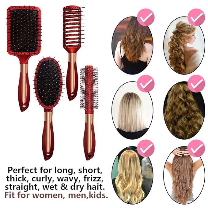 4 Pcs Hair Brush Set, Includes Anti-Static Massage Oval Comb, Detangling Brush, Round Hair Brush, Vented Hair Brush, for Women, Men, and Kids
