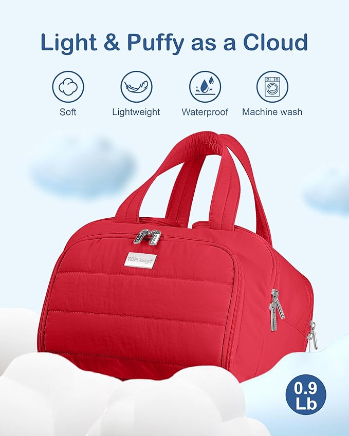 TOPDesign Travel Toiletry Bag for Women, Puffer Large Toiletry Bag, Lightweight Cosmetic Makeup Organizer with Handle for Traveling, Accessories, Essentials, Toiletries (Red)