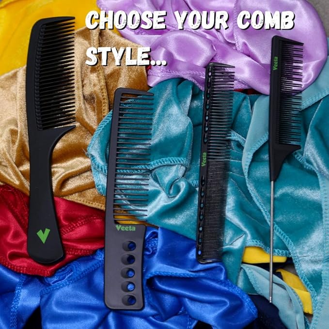 Veeta Professional Carbon Fiber Comb - Anti Static Heat & Chemical Resistant Hair Combs (Multiple Styles) - Rat Tail, Styling, Wide Tooth, Wave Comb (Black)