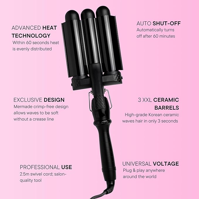 Mermade PRO Hair Waver 1.25" - 3 Barrel Curling Iron 1 1/4 Inch, Ceramic Barrel Waver for Thick, Thin, Long, or Short Hair - 1.25", Black