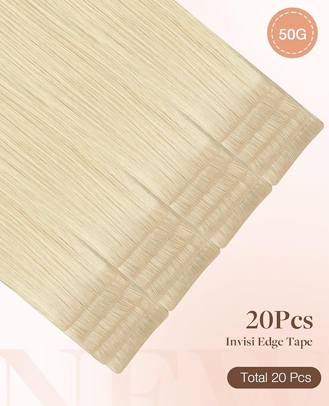 GOO GOO Invisi Edge Tape in Hair Extensions Human Hair, 613R Bleach Blonde, 20pcs 18inch 50g, Virgin Remy Hair, Seamless Injected Tape, Natural Look