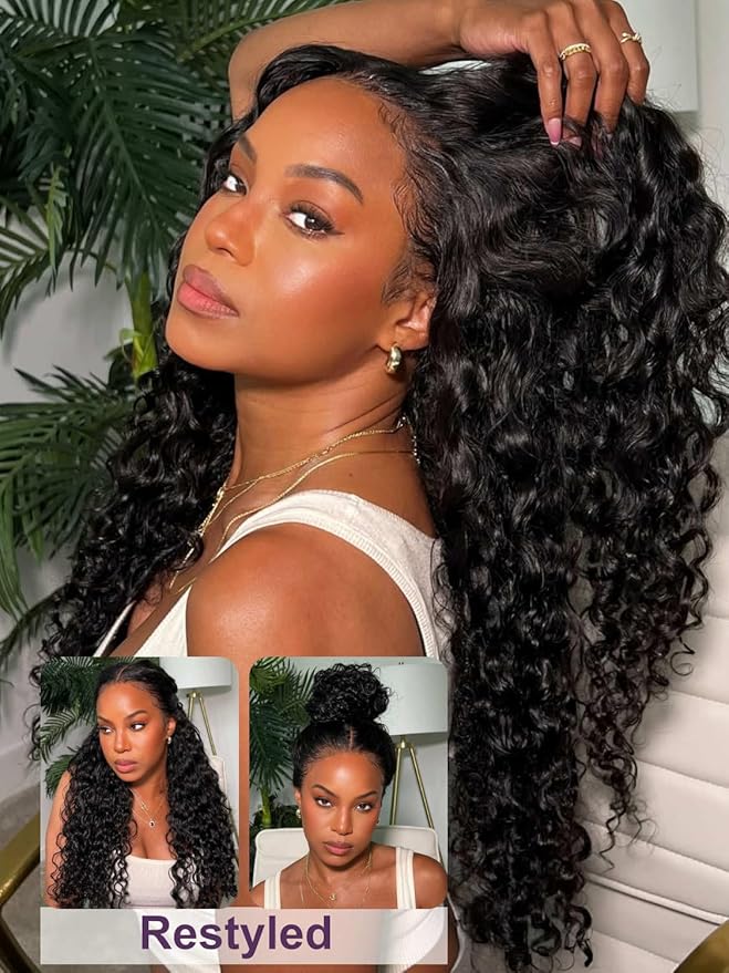 YIROO Bye Bye Knots Glueless Water Wave and Jerry Curly Drawstring Wig Human Hair, 7x5 Pre Cut Lace Front Glueless Wigs Pre Bleached Pre Plucked Wear and Go Wig for Women 150% Density 18Inch