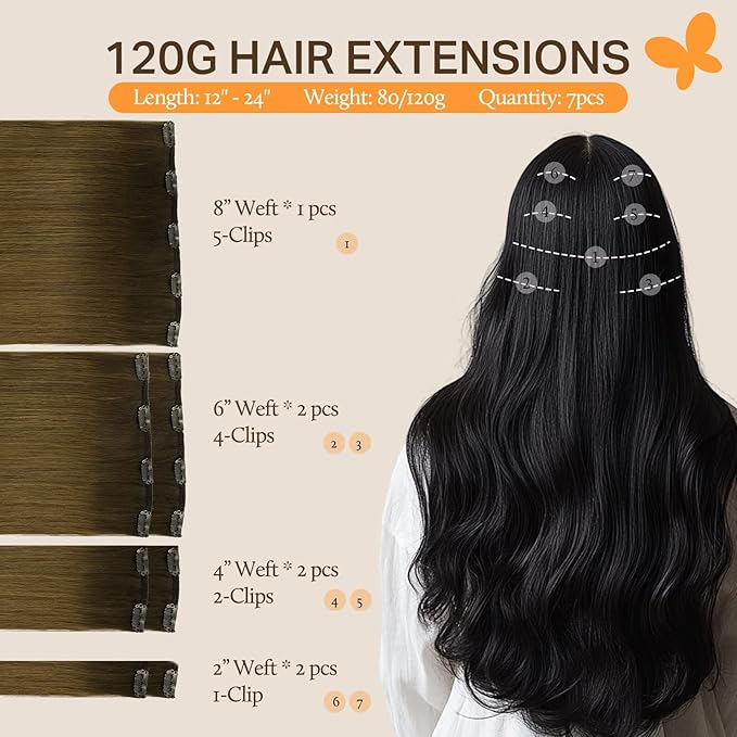 DOORES Clip in Hair Extensions Real Human Hair, Chocolate Dip Color Melt 20 Inch 7pcs 120g, Remy Hair Extensions Straight Extensions Human Hair Natural Thick Hair