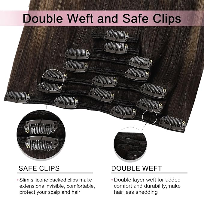 Pro2.0 Clip in Hair Extensions Real Human Hair 120g Thick 7pcs Color #2/6/18 Dark Brown to Dirty Blonde Remy Real Human Hair Extensions Clip ins 14inch Double Weft（#2/6/18-14inch）