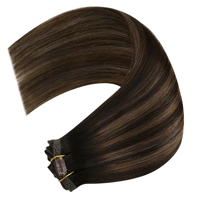 YoungSee 150G Clip in Human Hair Extension Balayage Real Hair Extensions Clip in Human Hair Dark Brown Mix Medium Brown Thick Human Hair Clip ins Extensions for Natural Look 22Inch 7Pcs