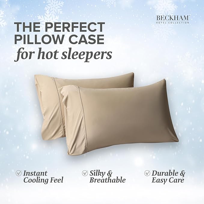 Beckham Hotel Collection Cooling Pillowcases for Hot Sleepers, Standard/Queen Size Set of 2, Cool Bedding, Envelope Closure, Silky Soft, Breathable, Moisture-Wicking, Sand