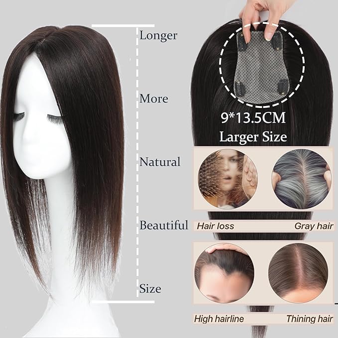 Hair Toppers for Women Real Human Hair, 360° 3D Human Hair Toppers for Women with Thinning Hair Upgrade Middle Part Clip in Bangs (Mocha Brown NEW, 18 Inch-3D-Side)