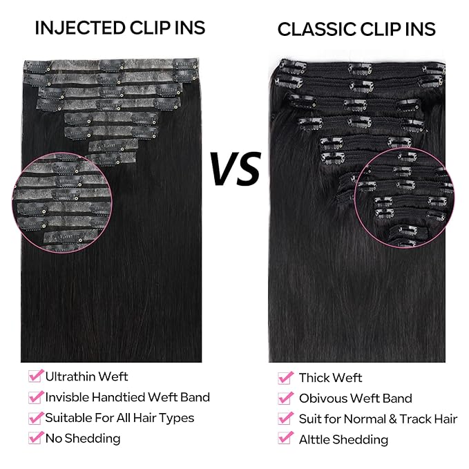 Injected Clip in Hair Extensions Real Human Hair Invisible Hand-Tied Weft Hair Extensions Clip in Human Hair Straight Seamless Clip ins for Women 8Pcs 120g 16inch #1B Natural Black