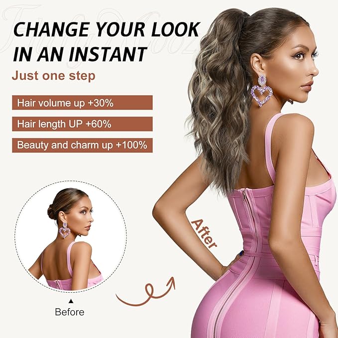 FLUFYMOOZ Ponytail Extension, 18 Inch Claw Clip Ponytail Extension, Wavy Curly Claw Clip in Ponytail Hair Extensions, Natural Fake Ponytail Synthetic Hairpiece for Women (Grey/Silver/White Mixed)