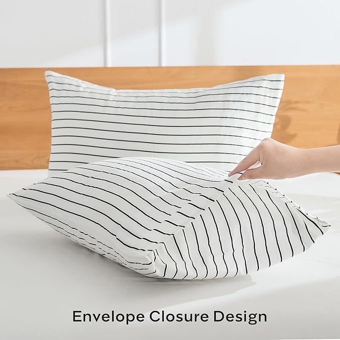JELLYMONI 100% Natural Cotton Striped Standard Pillowcases Set, 2 Pack White with Thin Black Stripes Pattern Printed Pillow Covers with Envelope Closure (Pillows are not Included)
