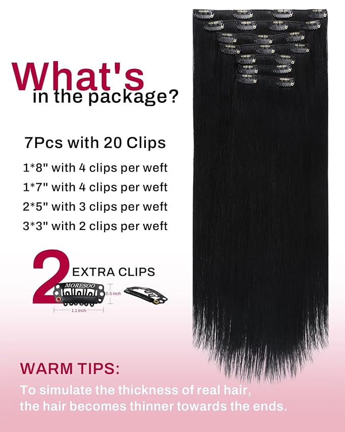 Moresoo Real Hair Extensions Clip ins Human Hair Black Double Weft Clip on Extensions Human Hair Jet Black Remy Clip in Hair Extensions Real Human Hair Full Head Set 7pcs/150g 22inch