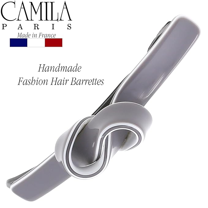 Camila Paris CP3359 French Hair Barrette Clip for Girls, Handmade, Gray/White, Metal-Free Closure Strong Hold Grip Hair Clips for Women, No Slip Durable Styling Girls Hair Accessories, Made in France
