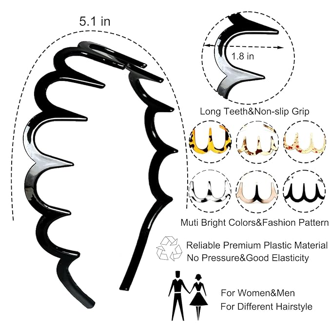 6 PCS Zig Zag Headbands Plastic Wavy Hair Head Band Comb with Teeth Hoop Accessories for Women Men Girls, Fashion Tortoiseshell&Amber