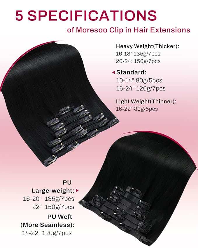 Moresoo Black Seamless Clip in Hair Extensions Real Human Hair Jet Black Human Hair Clip in Extensions 18 inch Long Thick for Women to Add Volume 135g 7pieces Pu Skin invisible