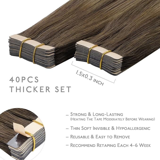 WENNALIFE Tape in Hair Extensions Human Hair, 40pcs 80g 12 inch Balayage Chocolate Brown to Caramel Blonde Hair Extensions Real Human Hair Straight Tape in Extensions Reusable Real Hair Extensions