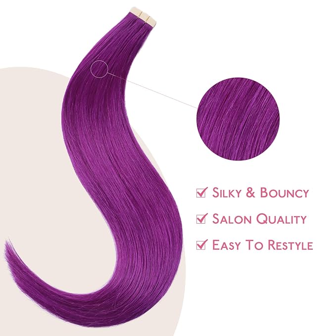 WENNALIFE Tape in Hair Extensions Human Hair Purple Tape in Extensions, 10pcs 30g 20 inch Remy Invisible Tape Ins Straight Colored Soft Real Human Hair Tape in Extensions Refill Set Extensions
